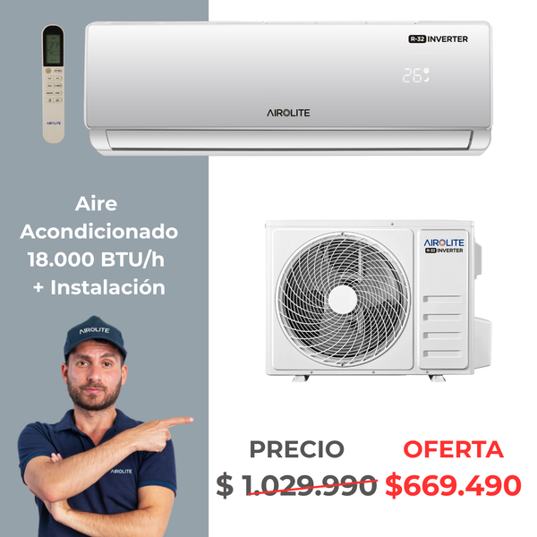 AIRE ACONDICIONADO SPLIT MURO AIROLITE AASMI 18ATI INV R32 + INSTALACIÓN BÁSICA