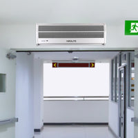 Vista lateral de cortina de aire industrial con resistencia eléctrica fraccionada en 6 módulos y descarga de aire con aleta regulable